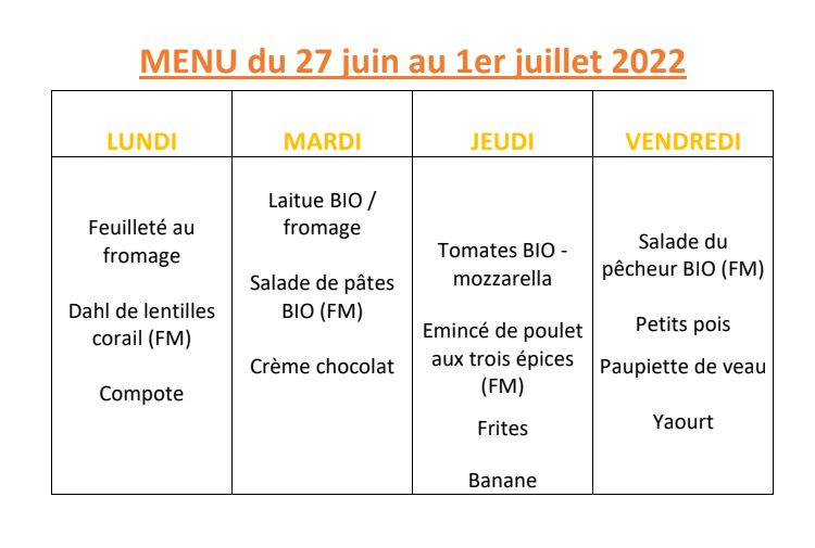 menu 27 juin