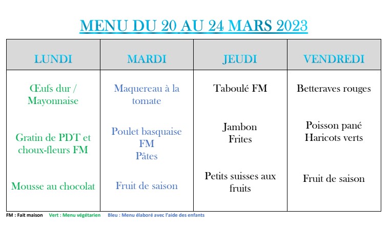 menu du 20 au 24 mars 2023