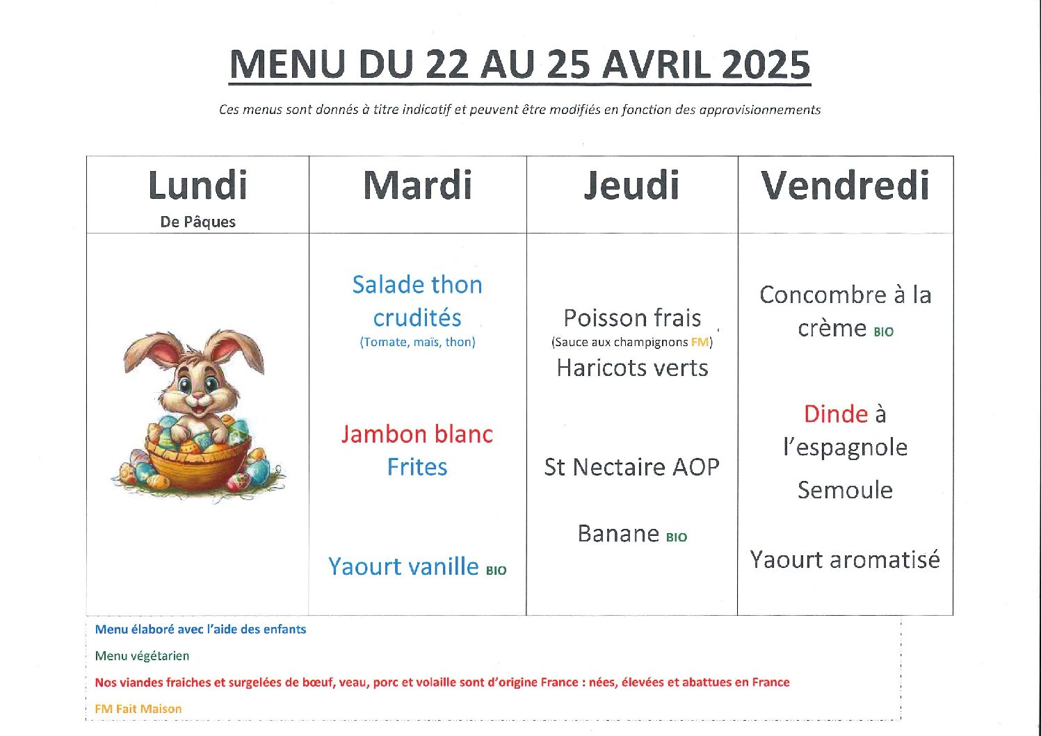 Menu du 22 au 25 avril