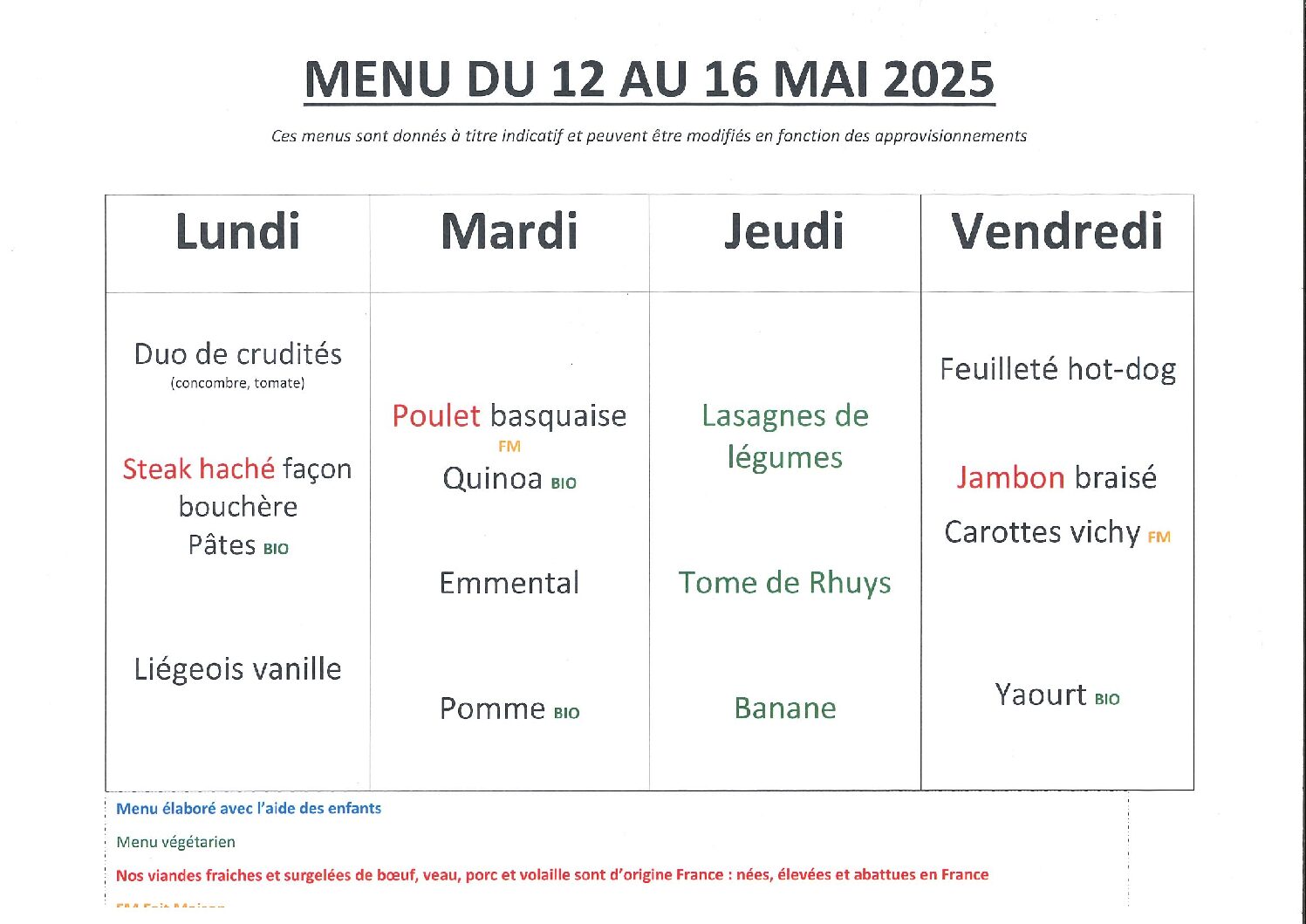 Menu du 12 au 16 mai