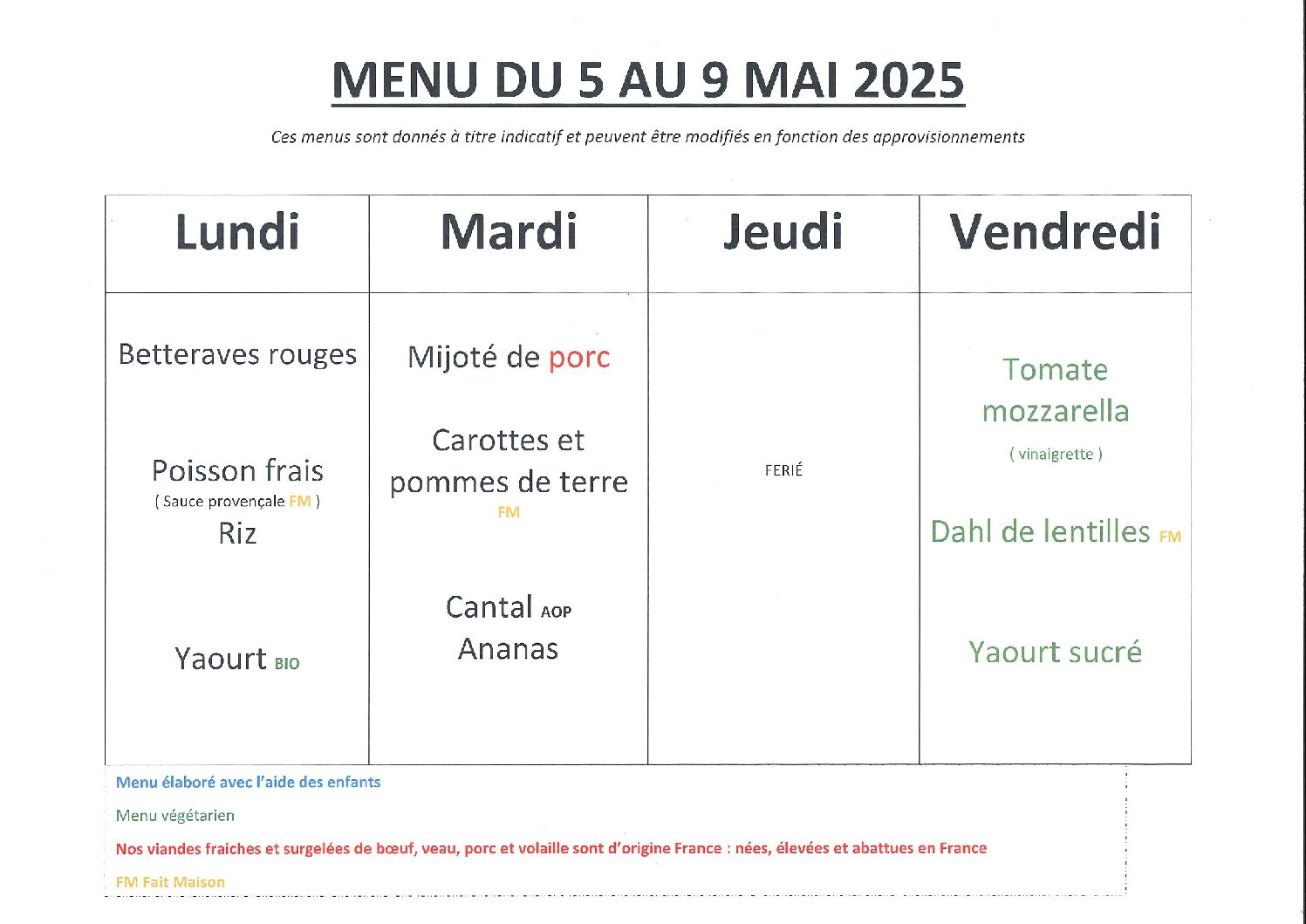 Menu du 5 au 9 mai