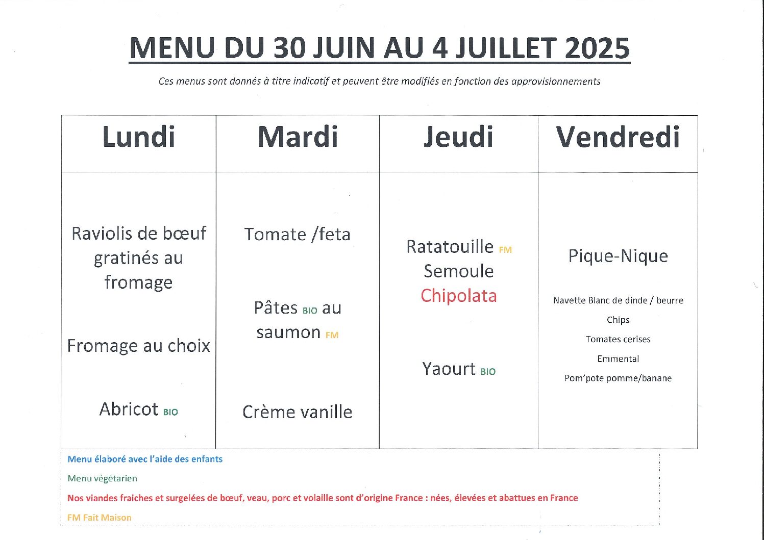 Menu du 30 juin au 4 juillet